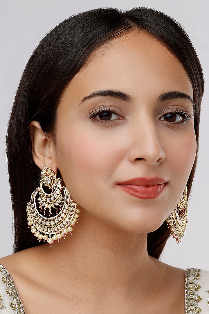 Gold Finish Pearl Layered Chandbali Earrings by Saga Jewels at Pernia's Pop Up Shop