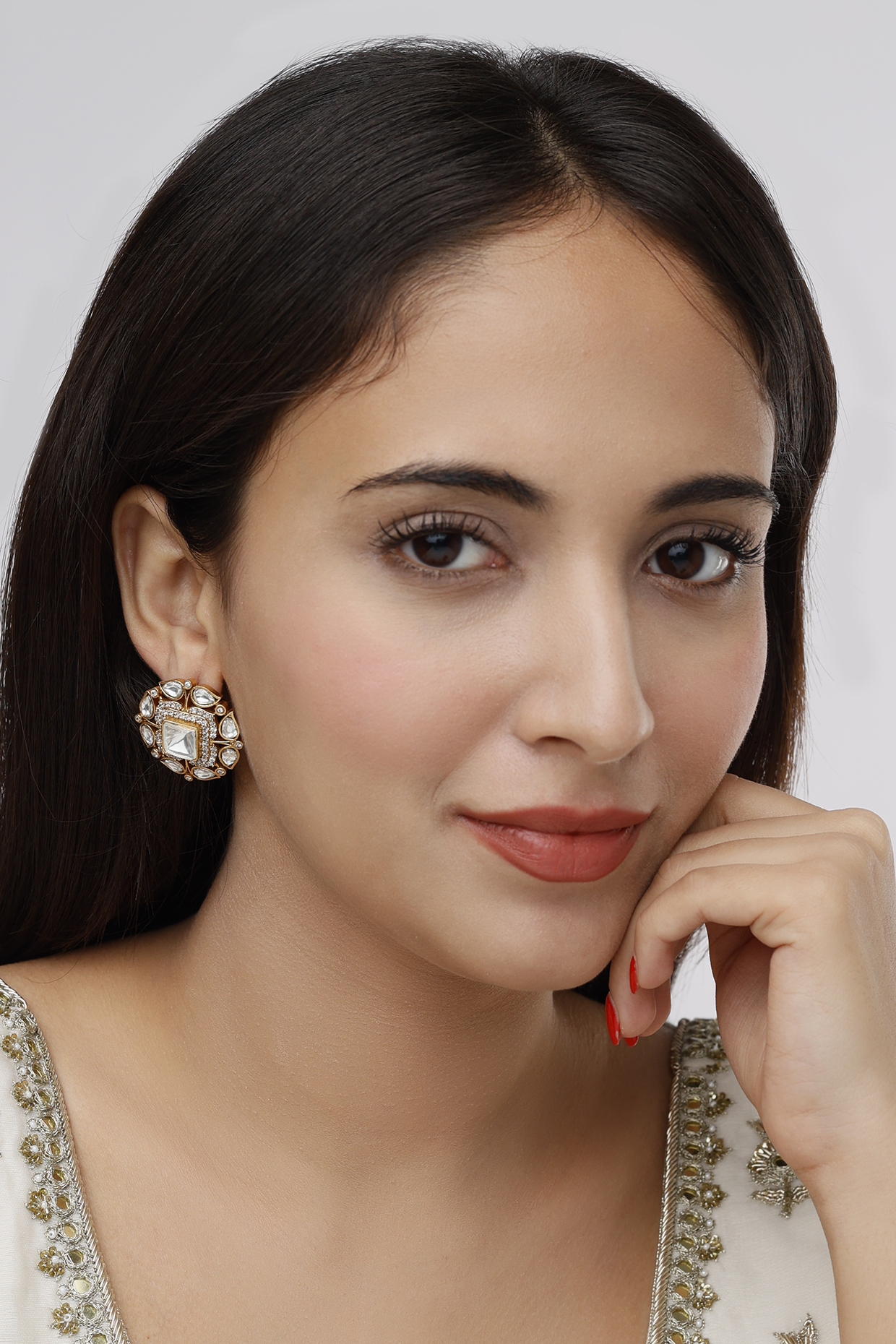 Gold Finish Kundan Stud Earrings by Saga Jewels at Pernia's Pop Up Shop