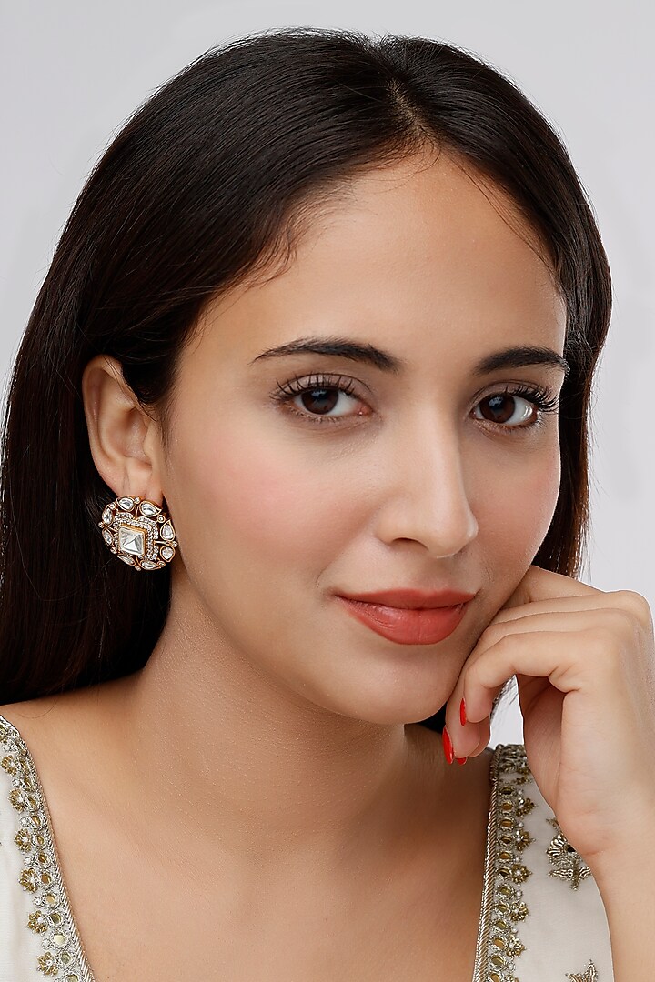Gold Finish Kundan Stud Earrings by Saga Jewels at Pernia's Pop Up Shop