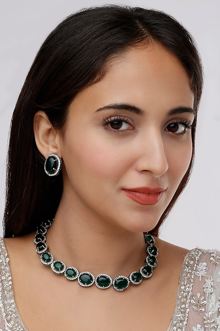 Saga Jewels Two Tone Finish Emerald Necklace Set