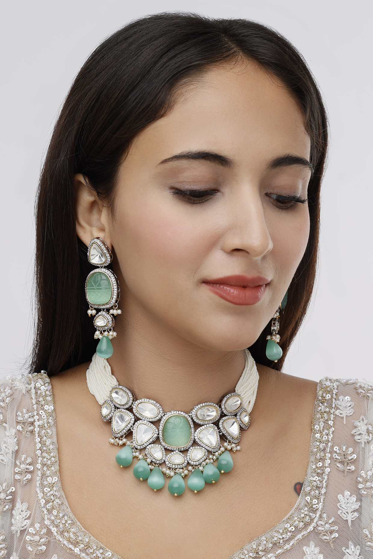 White Finish Necklace Set With Kundan Polki by Saga Jewels at Pernia's Pop Up Shop