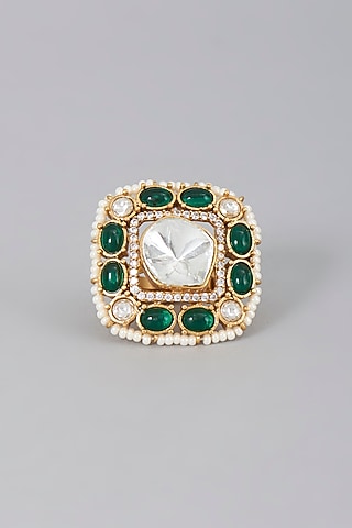 Gold Finish Kundan Polki Ring by Saga Jewels