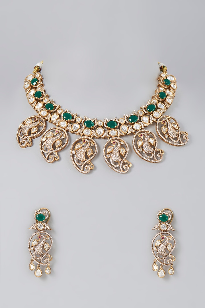Gold Finish Emeralds Necklace Set by Saga Jewels at Pernia's Pop Up Shop