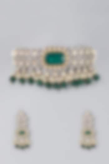 Gold Finish Emeralds Choker Necklace Set by Saga Jewels at Pernia's Pop Up Shop