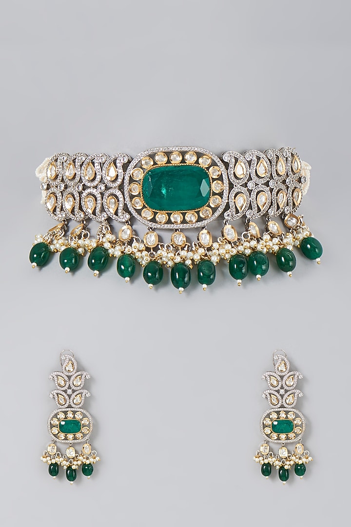 Gold Finish Emeralds Choker Necklace Set by Saga Jewels at Pernia's Pop Up Shop