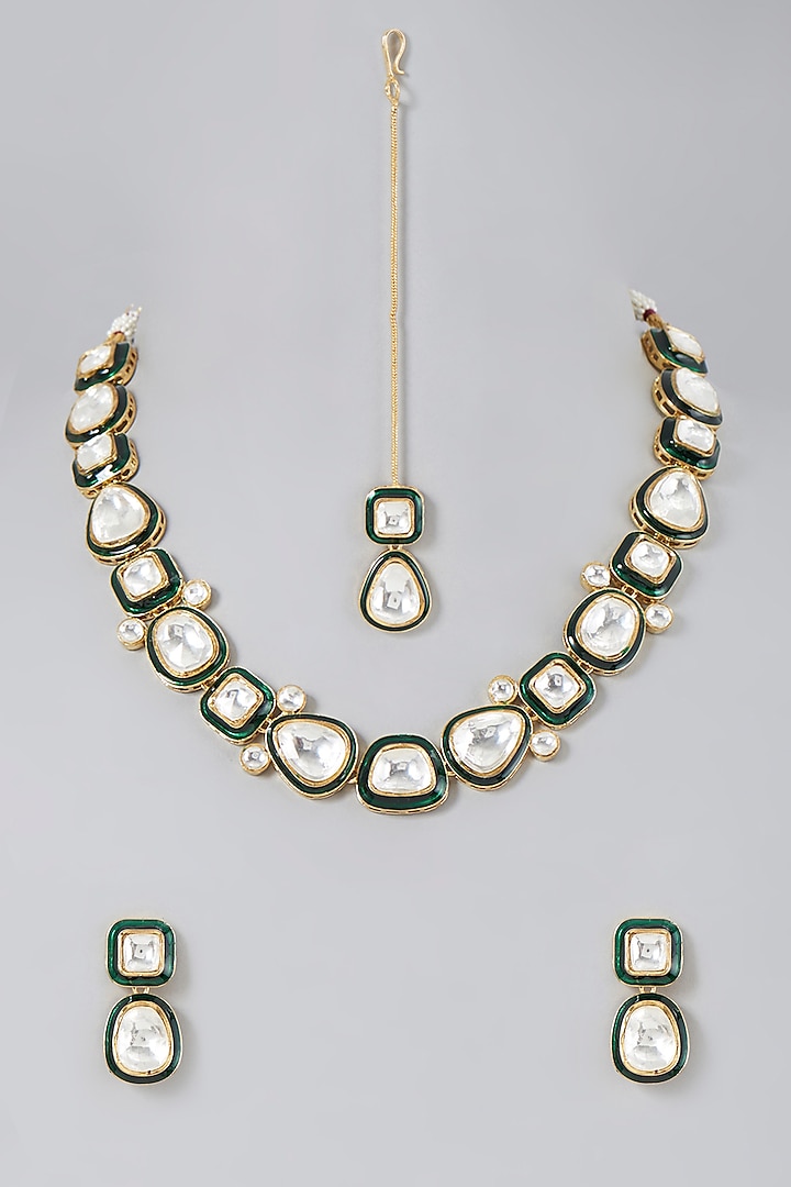 Gold Finish Necklace Set With Kundan Polki by Saga Jewels