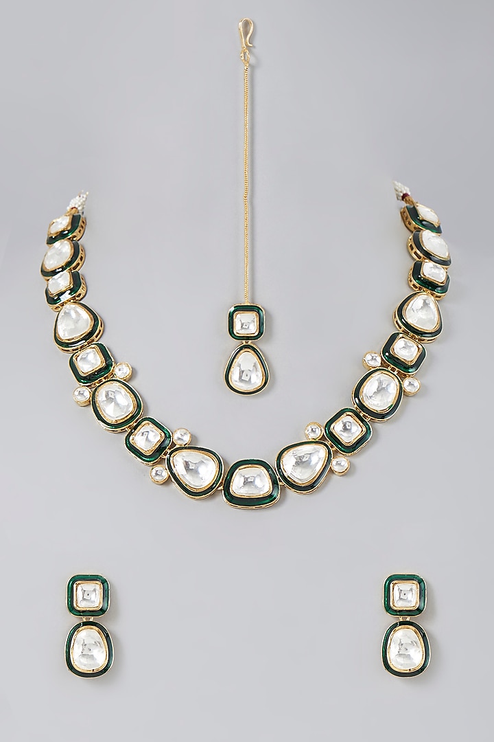 Gold Finish Necklace Set With Kundan Polki by Saga Jewels at Pernia's Pop Up Shop