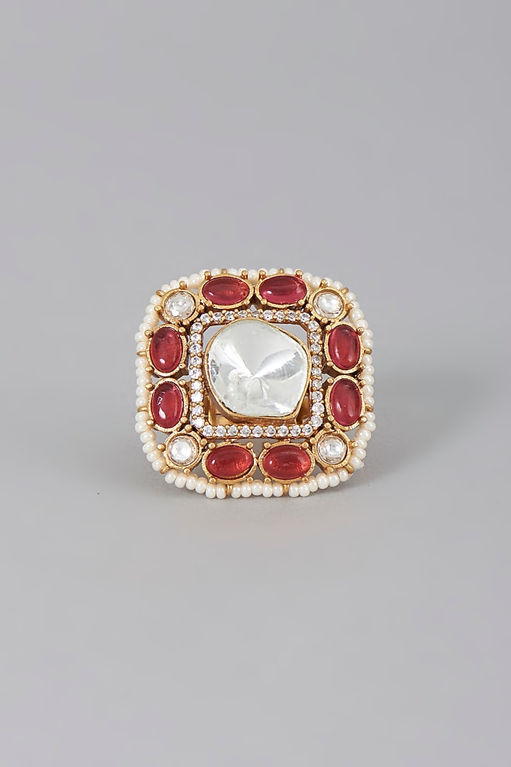 Gold Finish Kundan Polki & Red Stones Ring by Saga Jewels at Pernia's Pop Up Shop