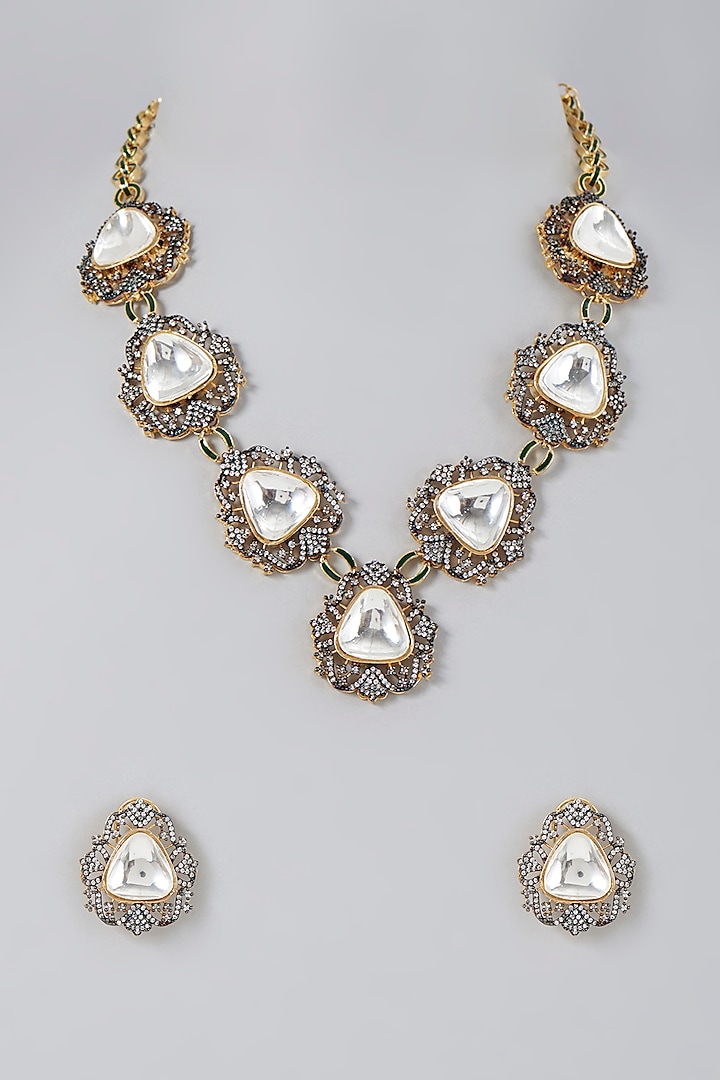 Gold Finish Oxidized Polki Necklace Set by Saga Jewels