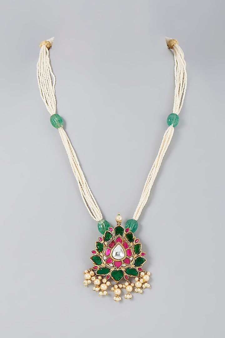 Gold Finish Kundan Long Necklace by Saga Jewels
