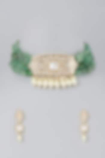 Gold Finish Kundan Polki Choker Necklace Set by Saga Jewels
