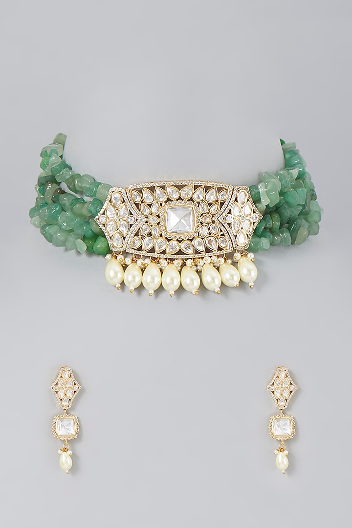 Gold Finish Kundan Polki Choker Necklace Set by Saga Jewels at Pernia's Pop Up Shop