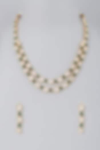 Gold Finish Kundan & Emeralds Necklace Set by Saga Jewels