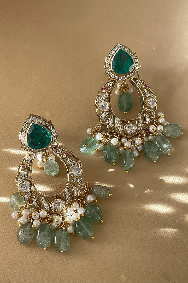 Gold Finish Kundan Polki & Emerald Stone Chandbali Earrings by Saga Jewels at Pernia's Pop Up Shop