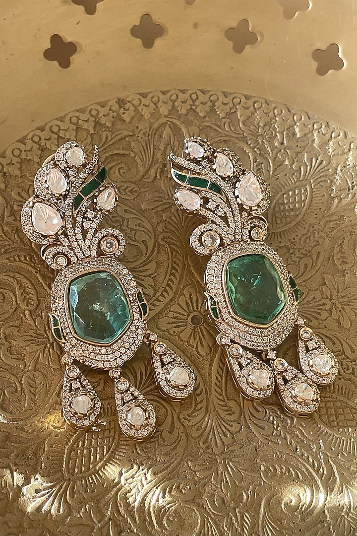 Gold Finish Kundan Polki & Green Stone Dangler Earrings by Saga Jewels at Pernia's Pop Up Shop