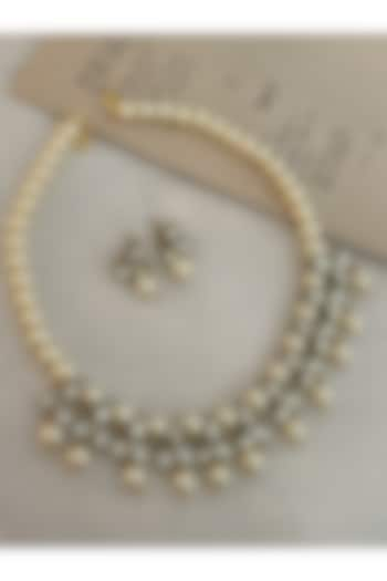 Black Rhodium Finish Kundan Polki & Pearl Necklace Set by Saga Jewels at Pernia's Pop Up Shop