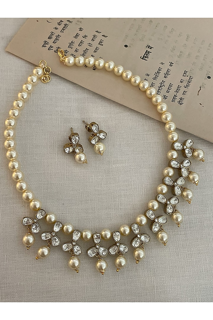 Black Rhodium Finish Kundan Polki & Pearl Necklace Set by Saga Jewels at Pernia's Pop Up Shop