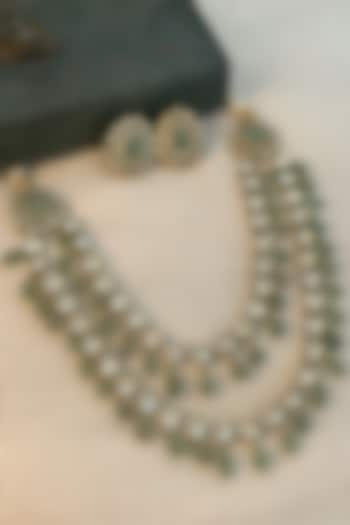 Black Rhodium Finish Kundan Polki & Emerald Layered Necklace Set by Saga Jewels at Pernia's Pop Up Shop