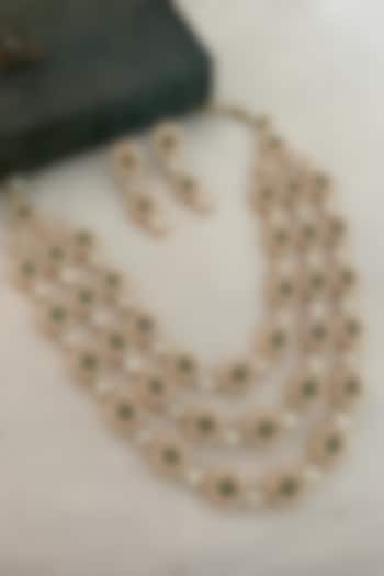 Gold Finish Kundan Polki & Emerald Layered Necklace Set by Saga Jewels at Pernia's Pop Up Shop