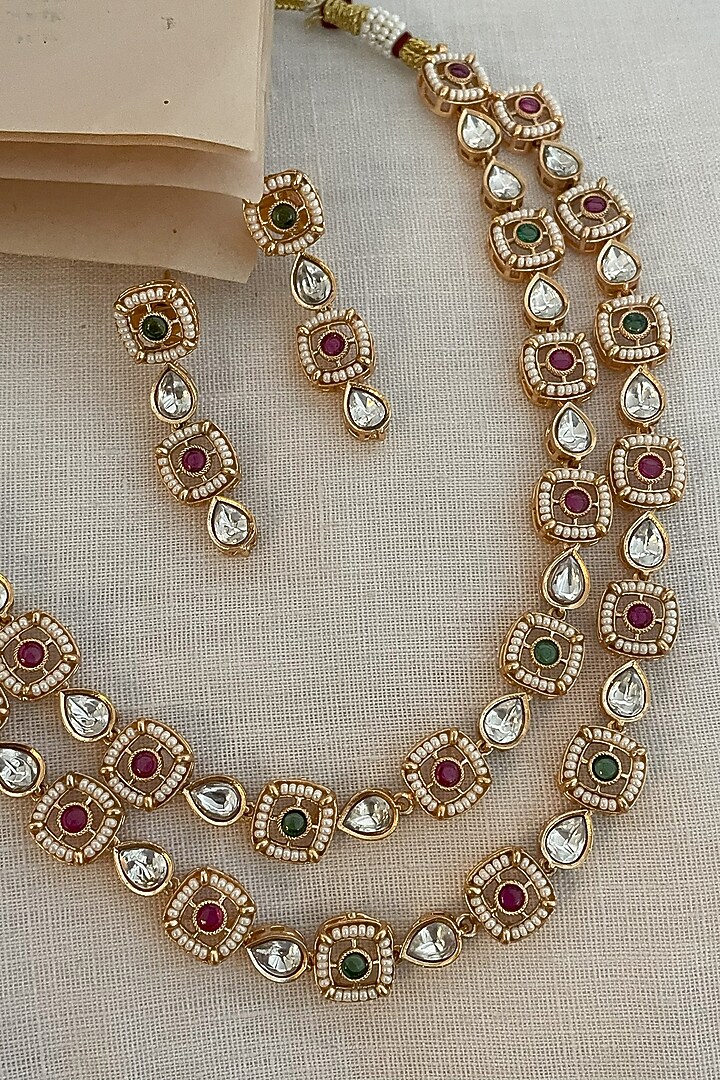 Gold Finish Kundan Polki & Ruby Necklace Set by Saga Jewels at Pernia's Pop Up Shop