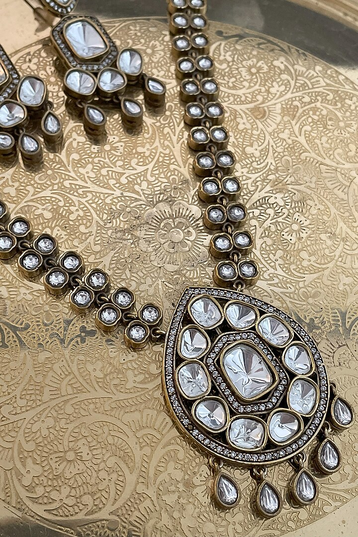 Black Rhodium Finish Kundan Polki Necklace Set by Saga Jewels at Pernia's Pop Up Shop