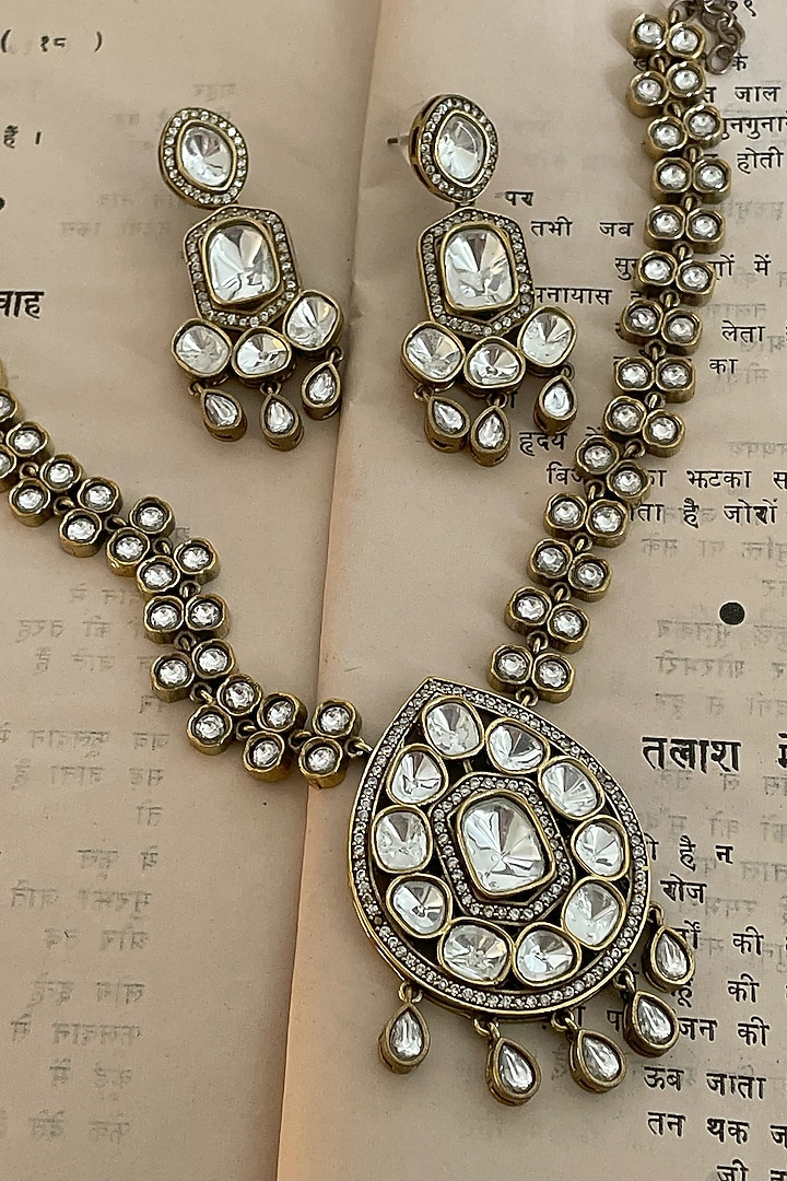 Black Rhodium Finish Kundan Polki Necklace Set by Saga Jewels at Pernia's Pop Up Shop