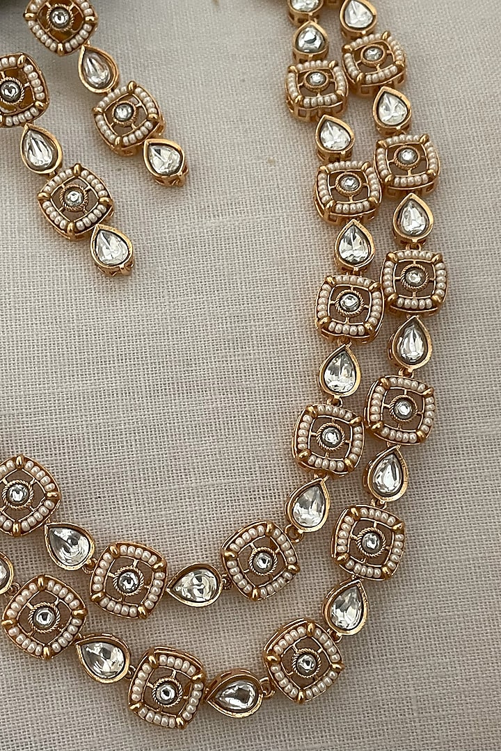 Gold Finish Kundan Polki Layered Necklace Set by Saga Jewels at Pernia's Pop Up Shop
