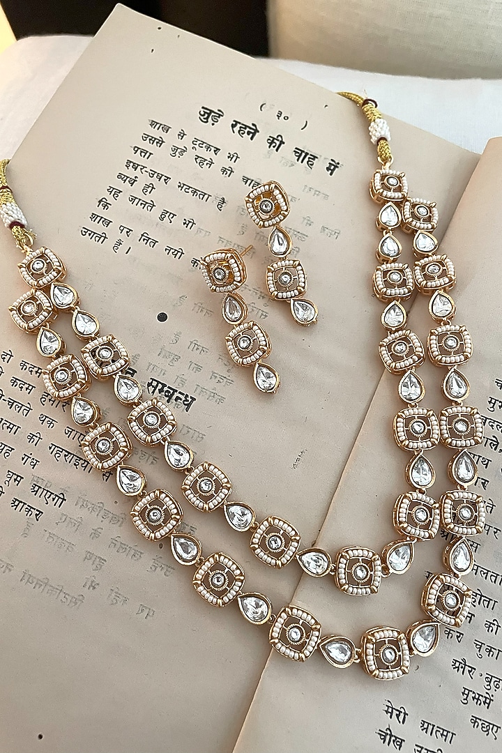 Gold Finish Kundan Polki Layered Necklace Set by Saga Jewels at Pernia's Pop Up Shop