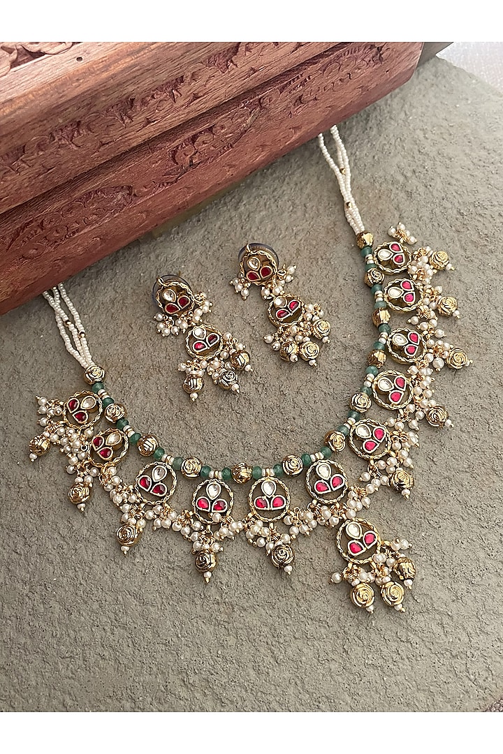 Gold Finish Kundan Polki & Ruby Necklace Set by Saga Jewels at Pernia's Pop Up Shop