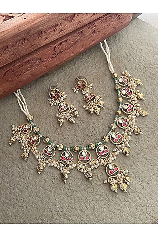 Gold Finish Kundan Polki & Ruby Necklace Set by saga jewels