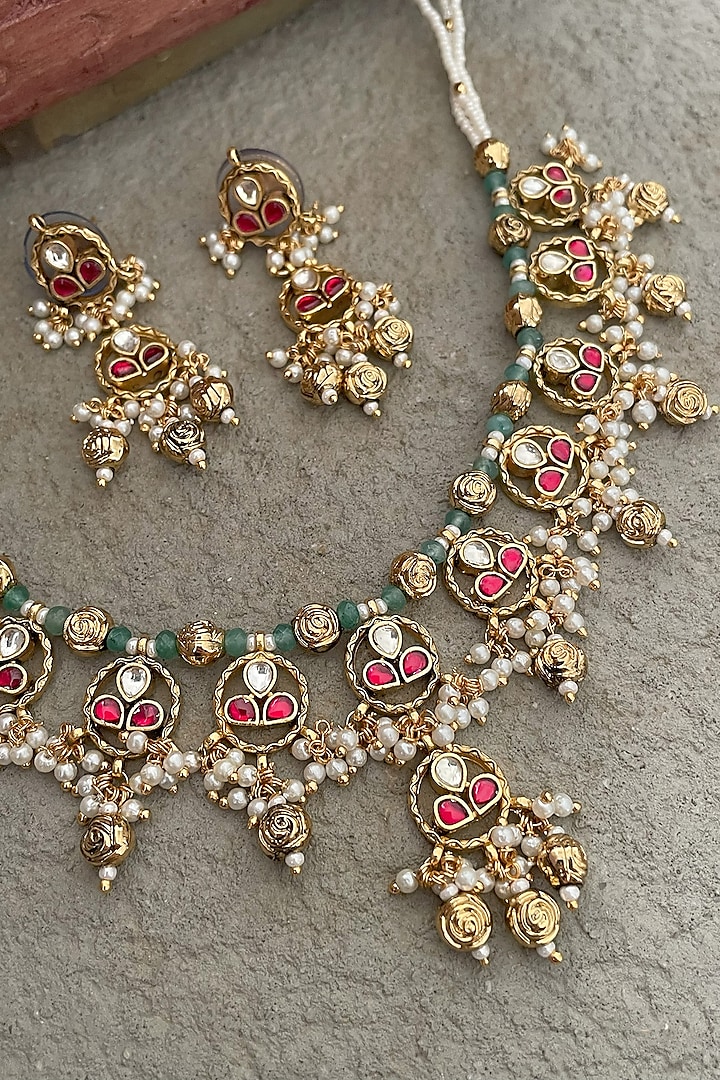 Gold Finish Kundan Polki & Ruby Necklace Set by Saga Jewels at Pernia's Pop Up Shop