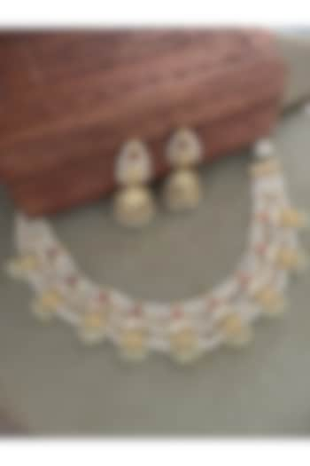 Gold Finish Kundan Polki Necklace Set by Saga Jewels