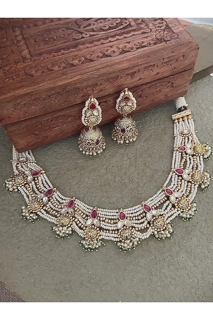 Gold Finish Kundan Polki Necklace Set by Saga Jewels