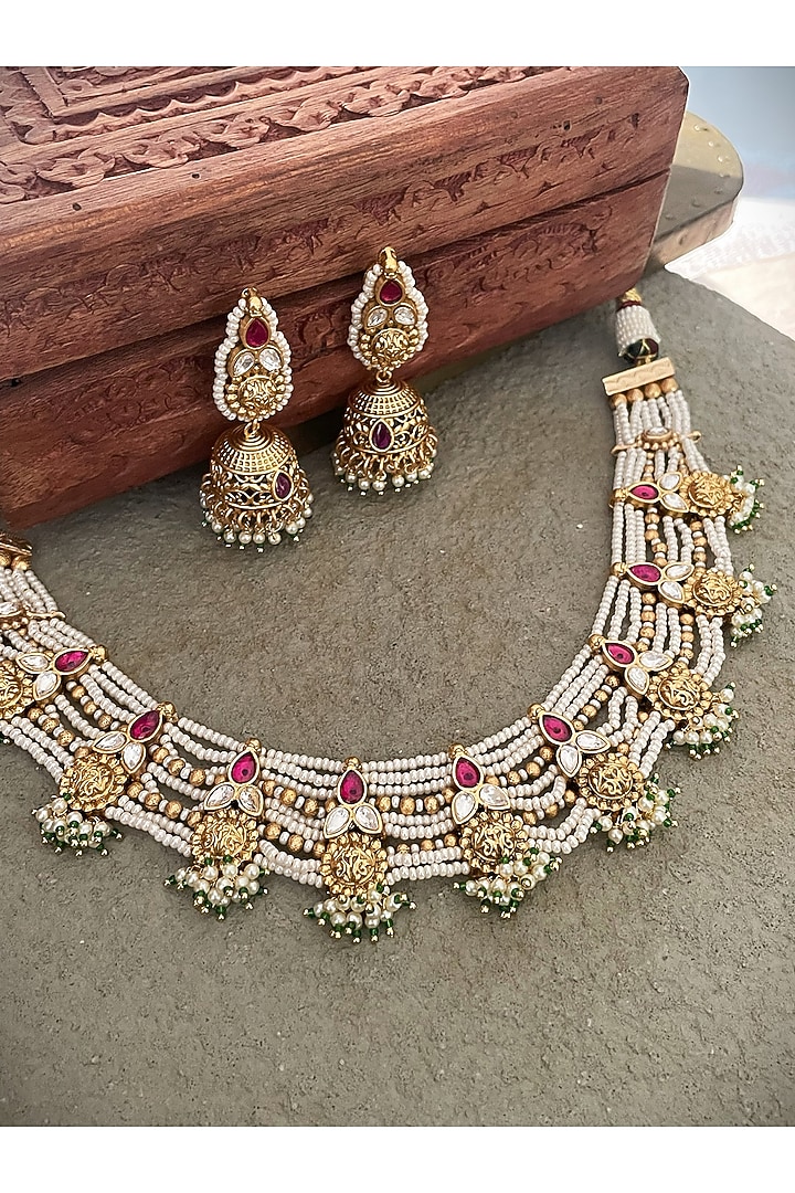 Gold Finish Kundan Polki Necklace Set by Saga Jewels at Pernia's Pop Up Shop