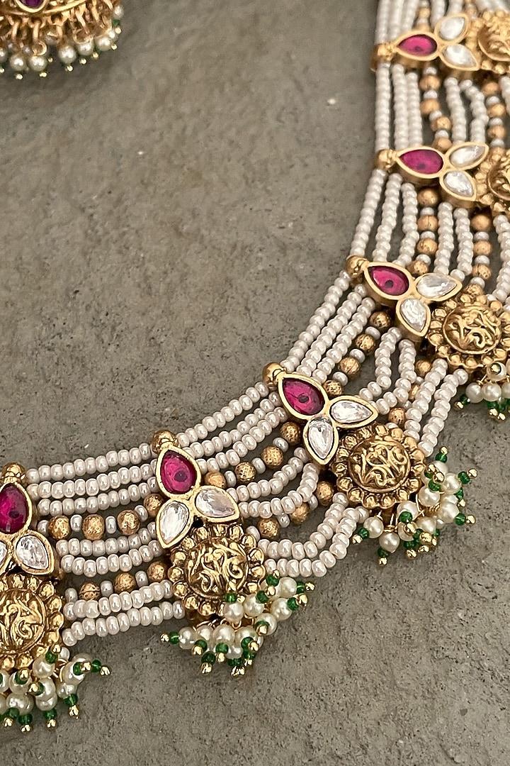Gold Finish Kundan Polki Necklace Set by Saga Jewels at Pernia's Pop Up Shop