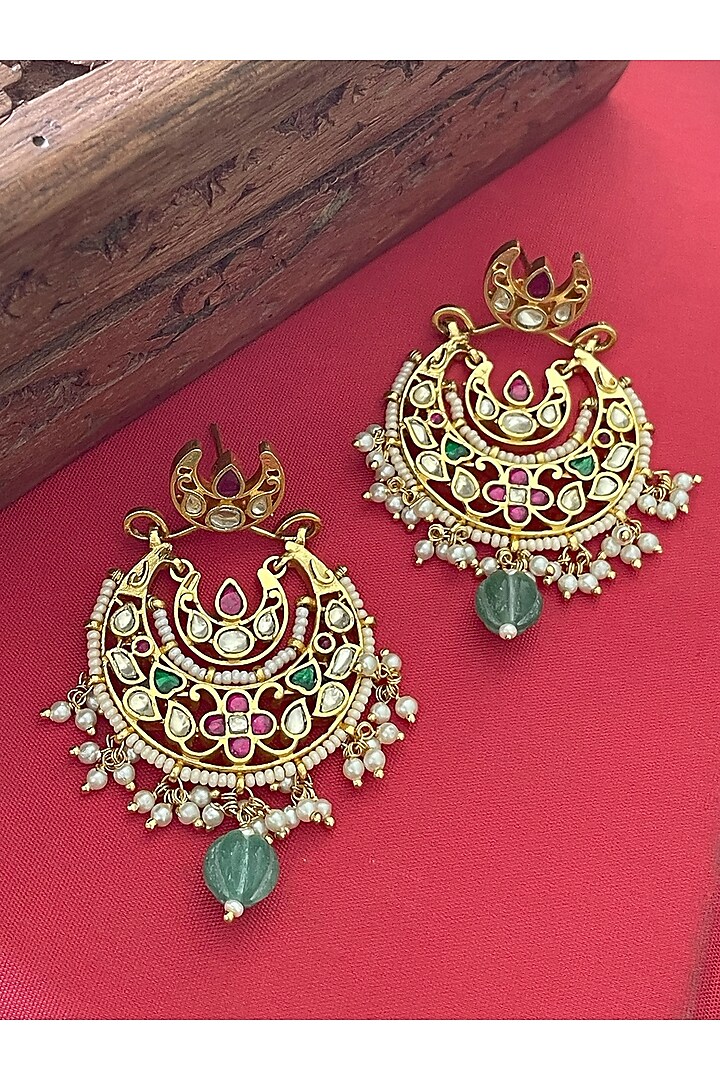 Gold Finish Jadau Kundan Polki Chandbali Earrings by Saga Jewels at Pernia's Pop Up Shop