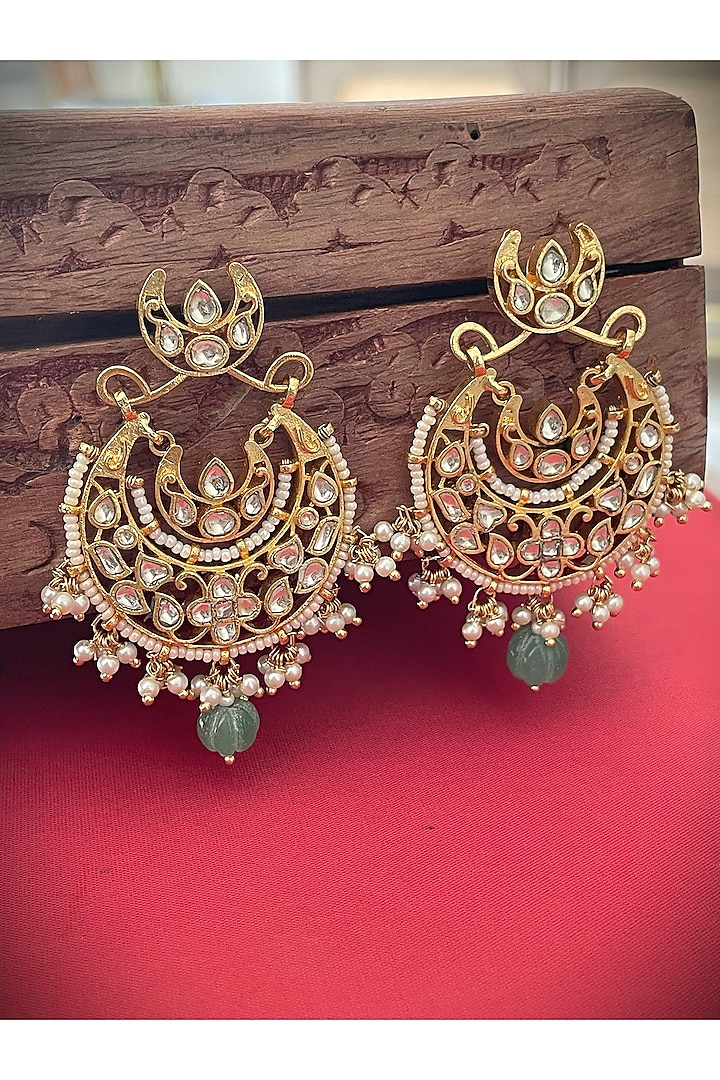 Gold Finish Jadau Kundan Polki Chandbali Earrings by Saga Jewels at Pernia's Pop Up Shop