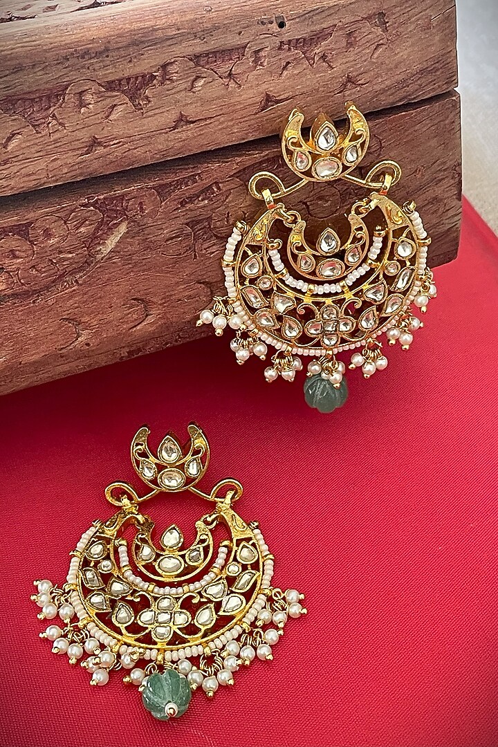 Gold Finish Jadau Kundan Polki Chandbali Earrings by Saga Jewels at Pernia's Pop Up Shop