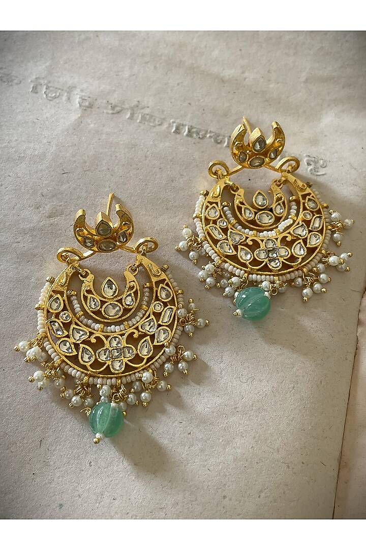 Gold Finish Jadau Kundan Polki Chandbali Earrings by Saga Jewels at Pernia's Pop Up Shop