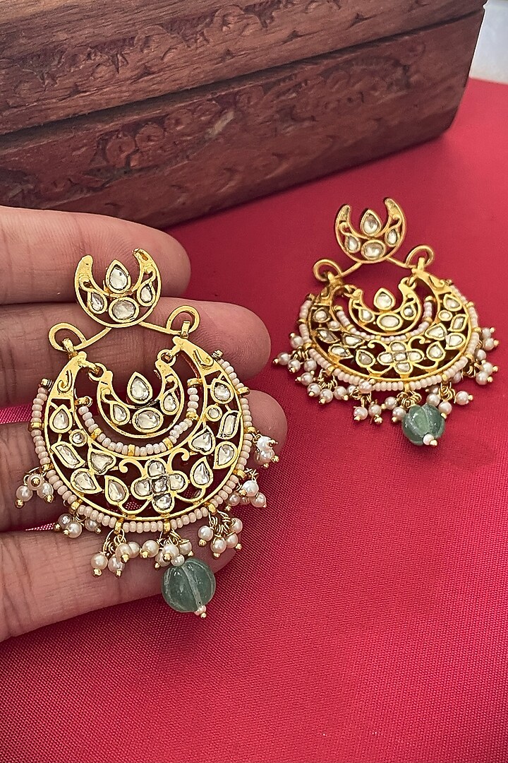 Gold Finish Jadau Kundan Polki Chandbali Earrings by Saga Jewels at Pernia's Pop Up Shop