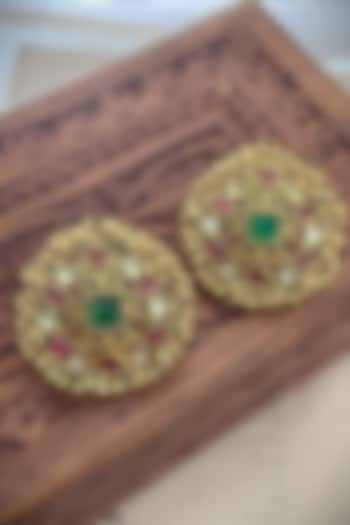 Gold Finish Jadau Kundan Polki Stud Earrings by Saga Jewels at Pernia's Pop Up Shop