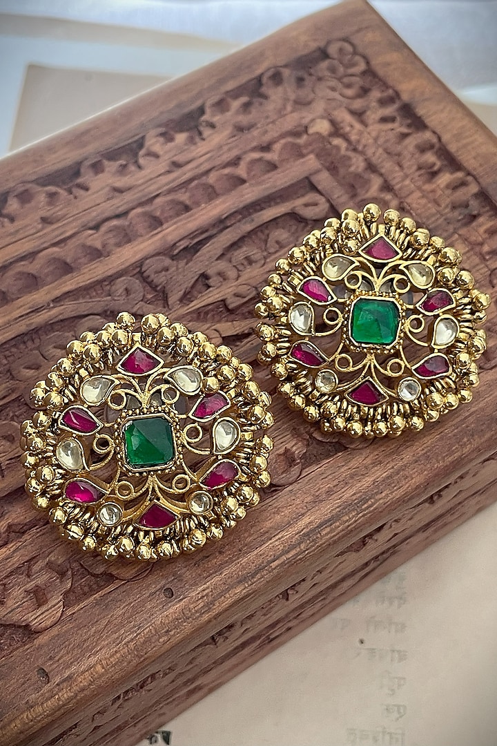 Gold Finish Jadau Kundan Polki Stud Earrings by Saga Jewels at Pernia's Pop Up Shop