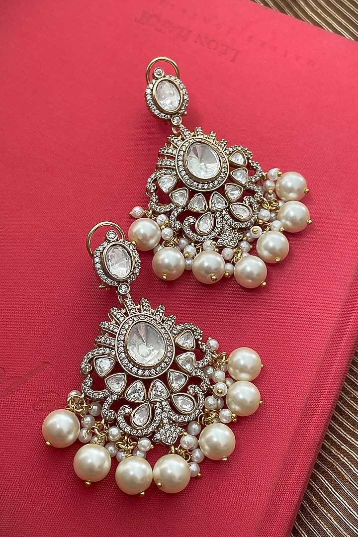 Rose Gold Finish Moissanite Polki Dangler Earrings by Saga Jewels at Pernia's Pop Up Shop