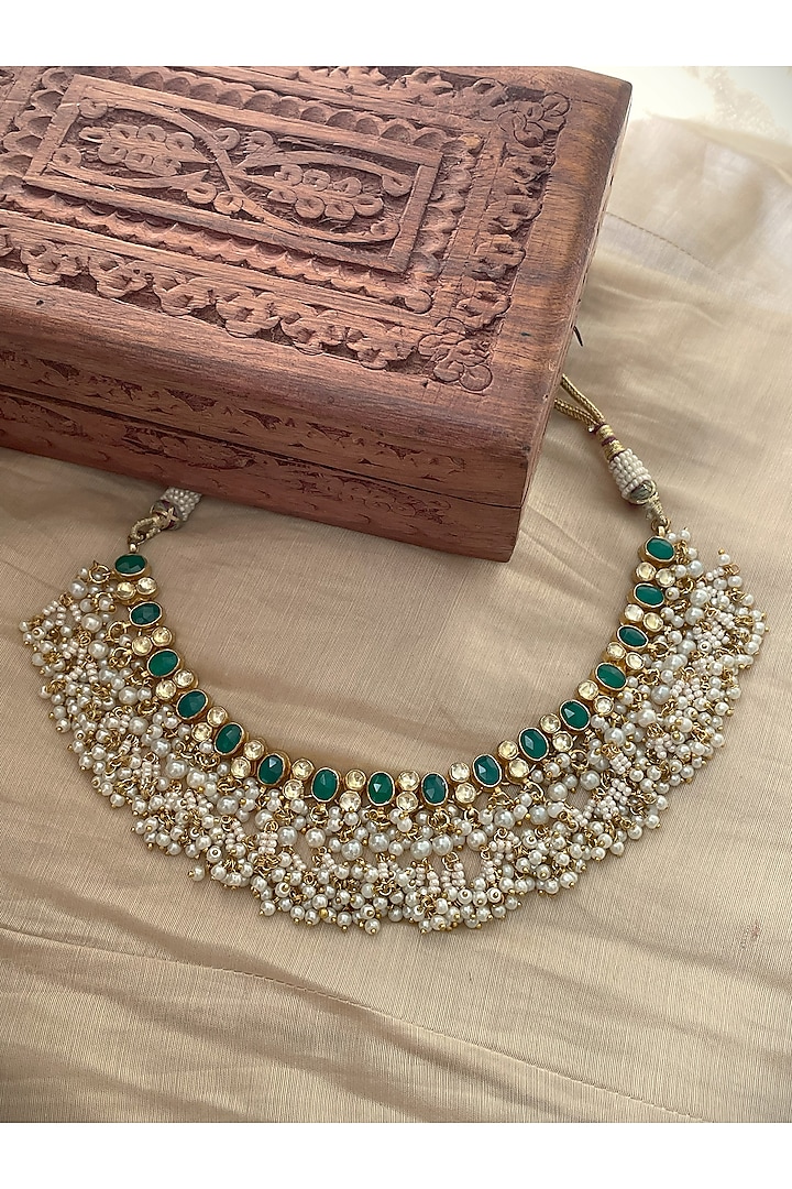 Gold Finish Pearl & Emerald Stone Necklace by Saga Jewels at Pernia's Pop Up Shop