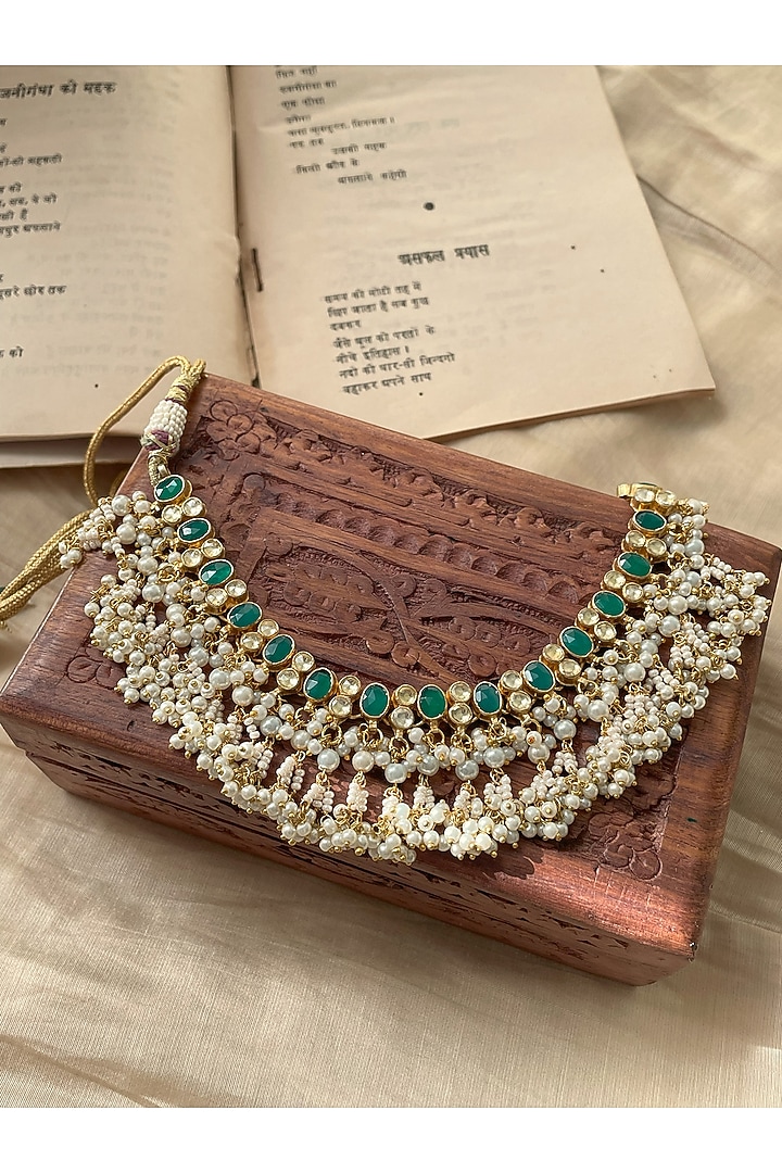Gold Finish Pearl & Emerald Stone Necklace by Saga Jewels at Pernia's Pop Up Shop