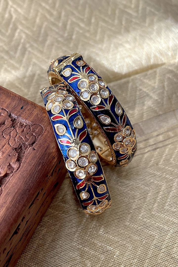 Gold Finish Kundan Polki Blue Enameled Bangles (Set Of 2) by Saga Jewels at Pernia's Pop Up Shop