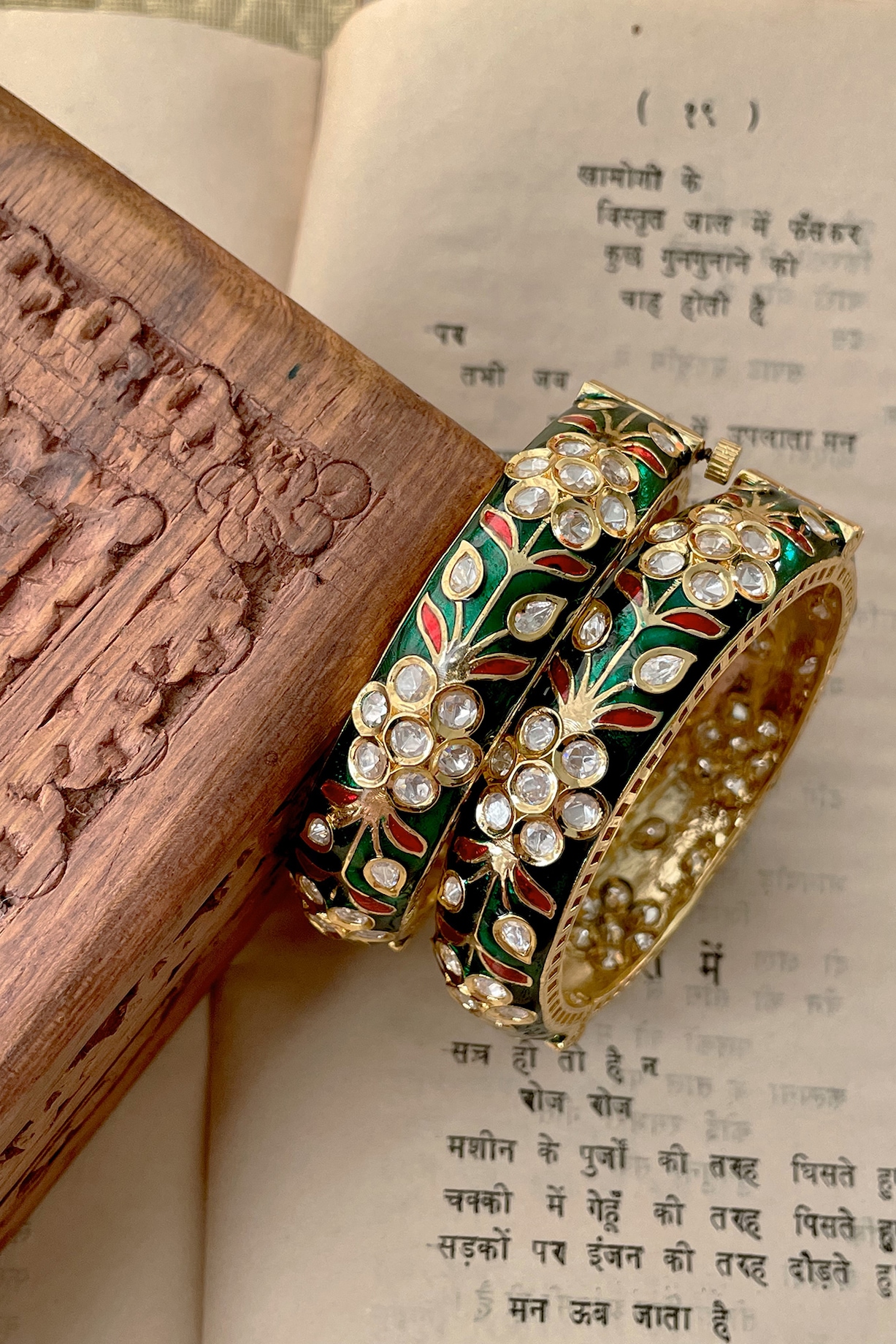 Gold Finish Kundan Polki Green Enameled Bangles (Set Of 2) by Saga Jewels  at Pernia's Pop Up Shop