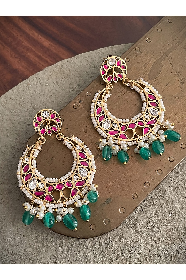 Gold Finish Jadau Kundan Polki Chandbali Earrings by Saga Jewels at Pernia's Pop Up Shop