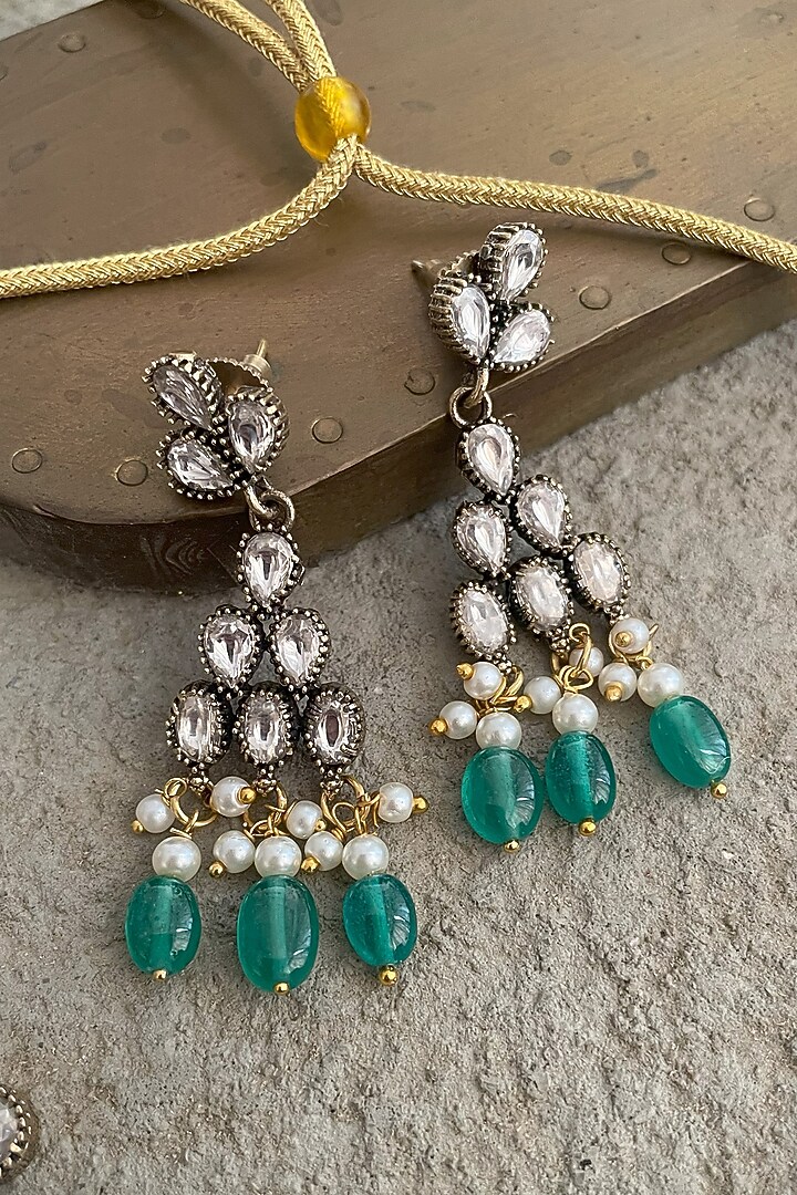 Black Rhodium Finish Kundan Polki & Emerald Stone Necklace Set by Saga Jewels at Pernia's Pop Up Shop