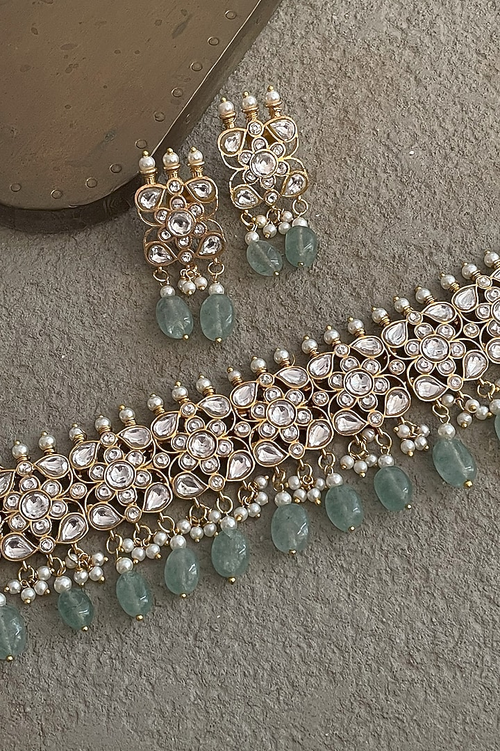 Gold Finish Jadau Kundan Polki Choker Necklace Set by Saga Jewels at Pernia's Pop Up Shop